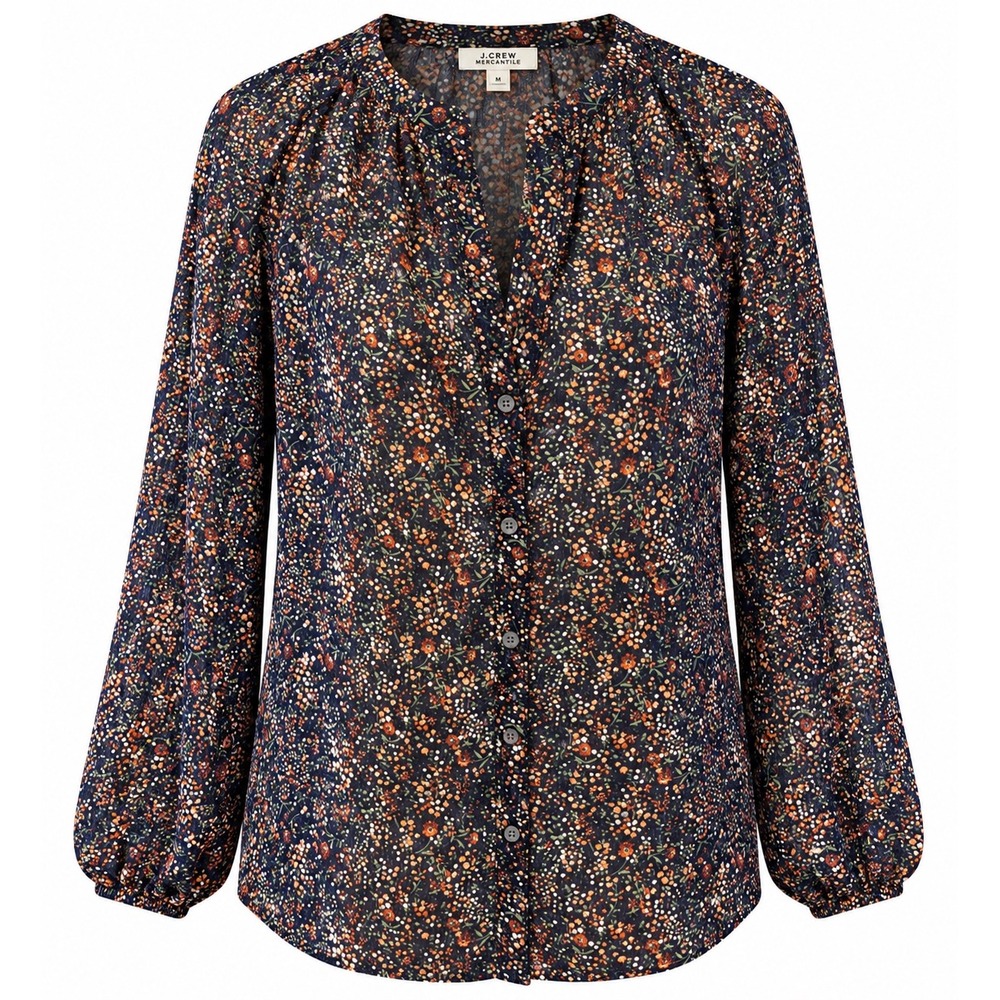 J.Crew Mercantile Women's Med Floral Button Front Blouse Navy Orange Long Sleeve